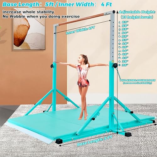 Marfula Gymnastic Bar For Kid and Teenage of 3-25, 5Ft/8 FT Base Length 4Ft Width 5Ft Adjust Height, Gymnastic Kip Bar For Gymnast, Gymnastic Training Equipment For Professional Training Home Club Use - color: Bar With Mat-Cyan (5 Ft Base)