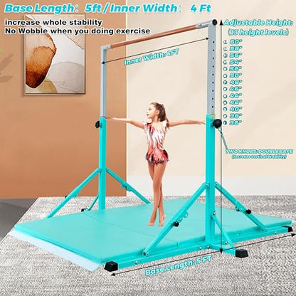 Marfula Gymnastic Bar For Kid and Teenage of 3-25, 5Ft/8 FT Base Length 4Ft Width 5Ft Adjust Height, Gymnastic Kip Bar For Gymnast, Gymnastic Training Equipment For Professional Training Home Club Use - color: Bar With Mat-Cyan (5 Ft Base)
