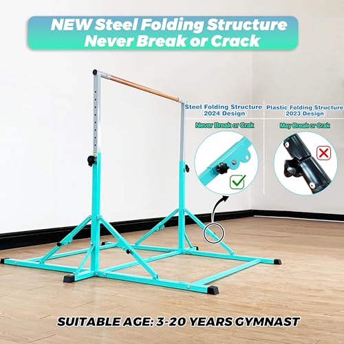 Marfula Gymnastic Bar For Kid and Teenage of 3-25, 5Ft/8 FT Base Length 4Ft Width 5Ft Adjust Height, Gymnastic Kip Bar For Gymnast, Gymnastic Training Equipment For Professional Training Home Club Use - color: Bar With Mat-Cyan (5 Ft Base)