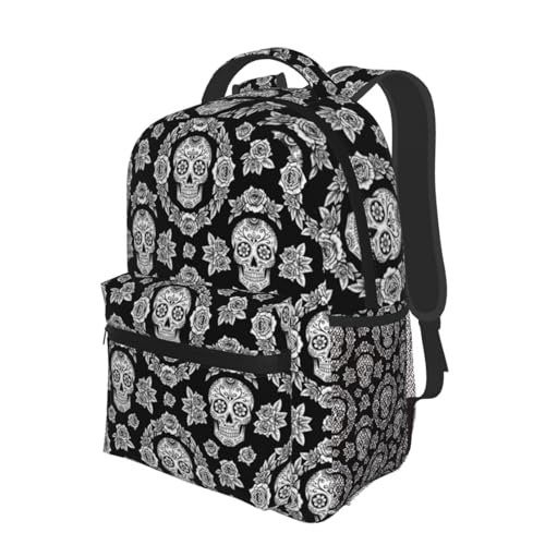 Casual Travel Daypack Black And White Floral Day Of The Dead Mexican Sugar Skulls, Multi Pocket Water Resistant Backpack for Men Women Weekend Getaways - color: Pattern (226)