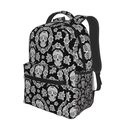 Casual Travel Daypack Black And White Floral Day Of The Dead Mexican Sugar Skulls, Multi Pocket Water Resistant Backpack for Men Women Weekend Getaways - color: Pattern (226)
