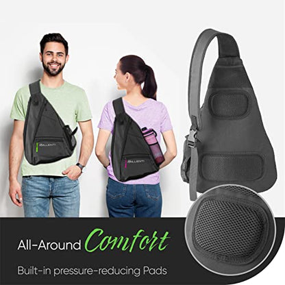 Millenti Sling Bag Crossbody Backpack - Shoulder Chest Casual Daypack Rucksack for Men & Women with a Fence Hook & Water Bottle Holder. Basketball Pickleball Bag Black PB01B