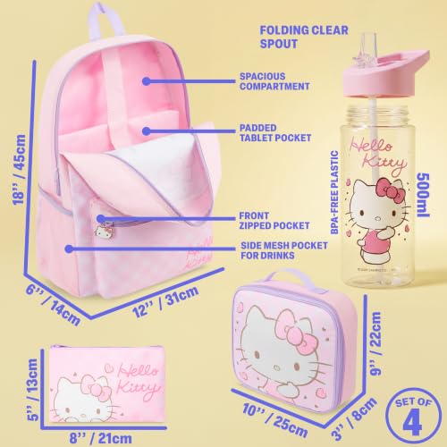 Get Trend Hello Kitty Girls Backpack, Lunch Bag, Pencil Case, Water Bottle | Sanrio 4 Pc Set, 18in Bookbag, Insulated Lunch Bag, Pencil Pouch & 16.9 fl oz BPA-Free Water Bottle, School, Gifts for Girls - color: Pink Hello Kitty