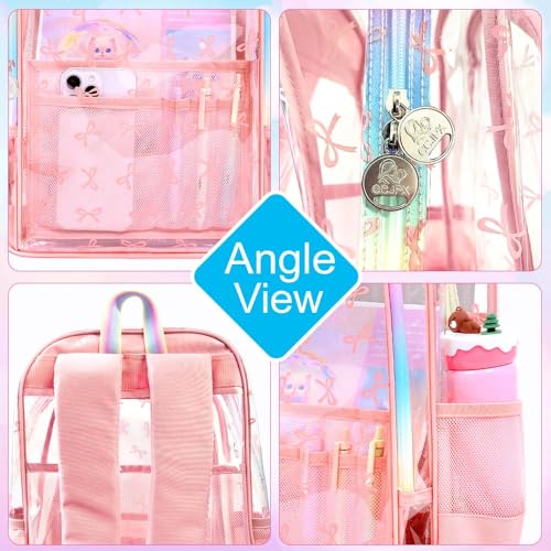 gxtvo 3PCS Transparent Backpack for Girls Heavy-Duty Set for Women & Teen, 17" Pink Clear Bookbag with Rainbow Strap, Sweet Bow See Through School Bag - color: Pink Elegant Bow Clear Backpack Set