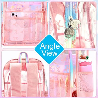 gxtvo 3PCS Transparent Backpack for Girls Heavy-Duty Set for Women & Teen, 17" Pink Clear Bookbag with Rainbow Strap, Sweet Bow See Through School Bag - color: Pink Elegant Bow Clear Backpack Set