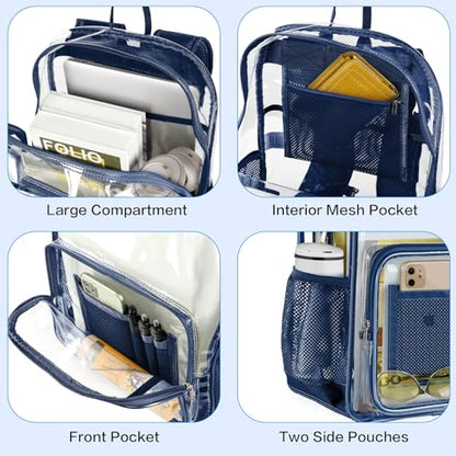 Clear Backpack, Heavy Duty Transparent Backpack with Reinforced Bottom See Through Bag for College, Travel, Workplace Security - Navy - color: Navy