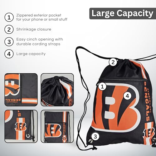 FOCO Cincinnati Bengals NFL Drawstring Backpack with Zippered Pocket — Officially Licensed, Cordura Nylon - color: Cincinnati Bengals