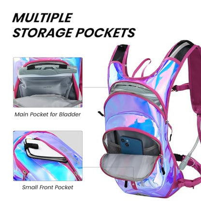 Nepest Hydration Pack Backpack for Women & Men, Lightweight Water Backpack with 2L Water Bladder for Hiking Cycling Running Biking - color: Holographic - Pink
