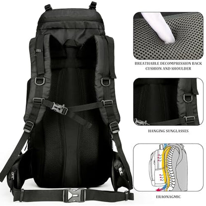 75L Hiking Backpack with Rain Cover Waterproof Camping Backpack Shoes Warehouse for Men Women, Frameless - color: Black, size: 60L