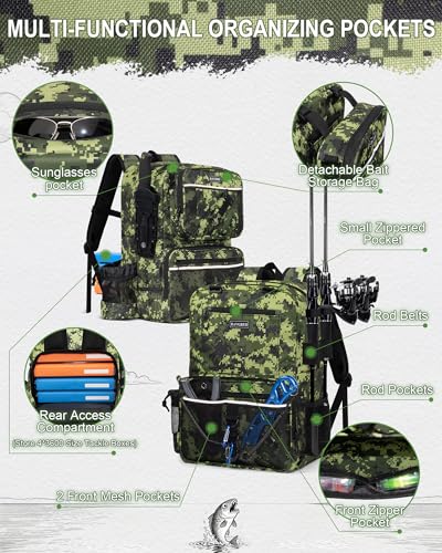 Fishing Backpack with Removable Bait Binder, Large Water Resistant Tackle Bag Storage Gear and Equipment for Fishing, Camping, Hiking, Green - color: Green Camo - Detachable