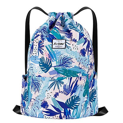 XEYOU Drawstring Sports Backpack Lightweight Gym Yoga Sackpack Shoulder Rucksack Casual Outdoor Daypack for Women and Men | Lightweight - color: Blue Leaves