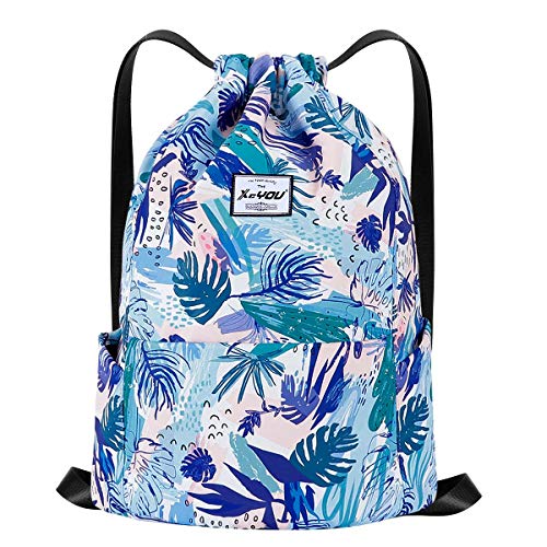 XEYOU Drawstring Sports Backpack Lightweight Gym Yoga Sackpack Shoulder Rucksack Casual Outdoor Daypack for Women and Men | Lightweight - color: Blue Leaves