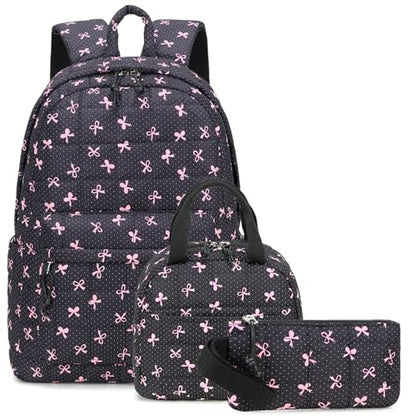 LEDAOU Kids Backpack for Girls Backpacks with Lunch Box, Lightweight Bookbag Set Elementary Middle School Back pack for 8-14 - color: Black Bow