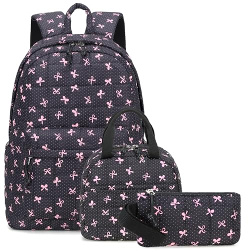 LEDAOU Kids Backpack for Girls Backpacks with Lunch Box, Lightweight Bookbag Set Elementary Middle School Back pack for 8-14 - color: Black Bow
