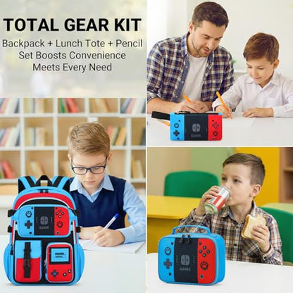 TILYTADLY School Backpack for Boys - 4PCS Gamer Boys Backpack with Lunch Box Set for Elementary Middle School - Students Bag for Ages 6-18,18″ Video Game Bookbag Travel Back Pack - color: Red-blue Backpack Set