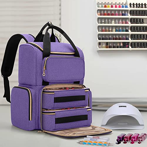 LUXJA Nail Polish Organizer (Backpack Version) Holds 70 Bottles and a Nail Lamp, Travel Nail Polish Storage with 2 Removable Cases and Tools Storage Pockets (Patent Pending), Purple - color: Purple