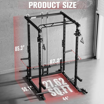 RitFit Multi-Function Garage & Home Gym Package Includes 1200LBS Power Cage PPC03/P3 with Cable Crossover System, Weight Bench, Olympic Barbell Weight Set, Full Body Workout - color: Black, style: Package 1.7K (with FBP 230lbs Plates)
