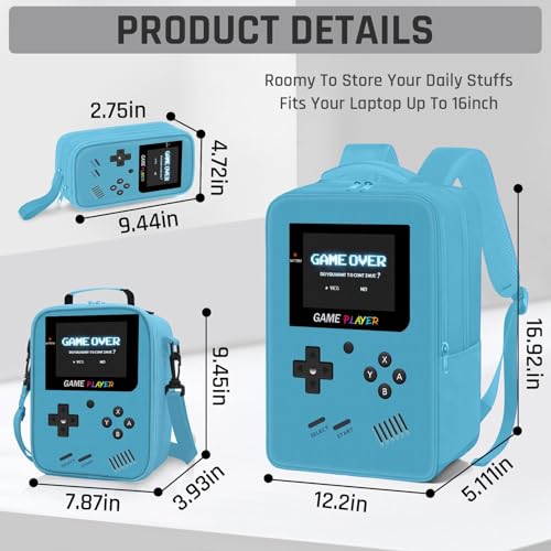 School Backpack for Boys,3pcs Gamer Boys Backpack with Lunch Box Set for Kids Children Teens Elementary Middle School,17" Large Capacity Student Bookbag & Multifunctional Video Game Travel Bag - color: Mint Blue-backpack Set