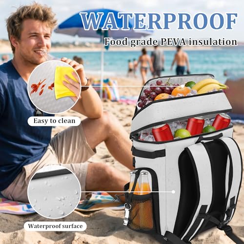 30L Cooler Backpack for Men Women, Leak Proof & Waterproof, Double Decker Insulated Backpack Cooler for Beach Camping Picnic (7.93 Gal, 48 Can) - color: White