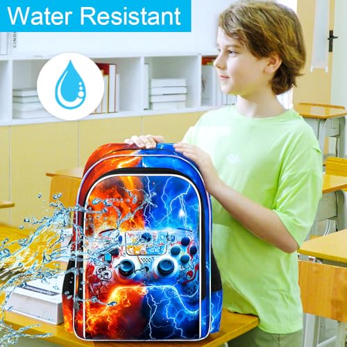 AGSDON 3PCS Game Console Backpack for Boys, 17" Kids Bookbag with Lunch Box for Boy, Flame Thunder Backpacks Water Resistant and Lightweight for Teen - color: Game