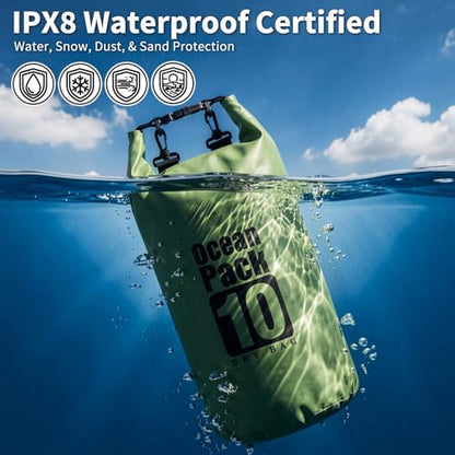Waterproof Backpack 10L, Roll Top Water Proof Dry Bag Army Green, Floating Dry Bag for Kayaking Camping Boating, Lightweight Hiking Backpack with 7" Black IPX8 Waterproof Phone Case - color: Army green dry bag 10L + Phone pouch 7"