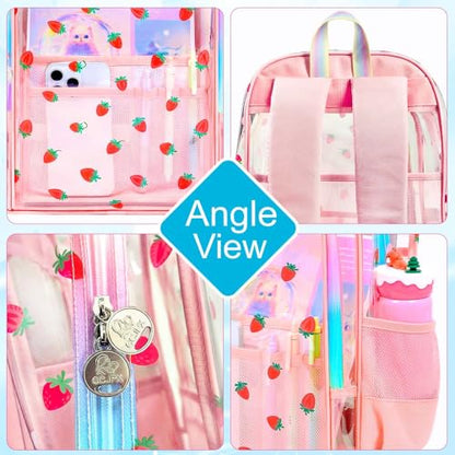 gxtvo 3PCS Clear Backpack for Girls Heavy-Duty Set for Women & Teen, 17" Pink Transparent Bookbag with Rainbow Strap, Cute Strawberry See Through School Bag - color: Pink Strawberry Clear Backpack Set