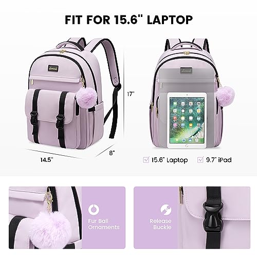 LOVEVOOK School Backpack for Teen Girls, Student Backpack Purse for 14-16 Teenage, Cute Kid Bookbag, Back to School Backpacks Fit 15.6 Inch Laptop, Large College Travel Bag, Light Purple - color: Light Purple