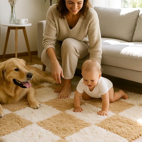 Thickened Plush Foam Interlocking Floor Carpet Mat, 24 Piece 12x12in Fluffy Square Puzzle Foam Carpet Tiles with Edgings, Soft Anti-Slip Shaggy Area Rug Playmat (Apricot+White) - color: Apricot+white