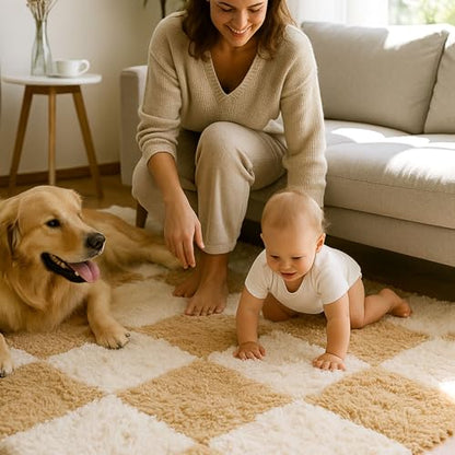 Thickened Plush Foam Interlocking Floor Carpet Mat, 24 Piece 12x12in Fluffy Square Puzzle Foam Carpet Tiles with Edgings, Soft Anti-Slip Shaggy Area Rug Playmat (Apricot+White) - color: Apricot+white