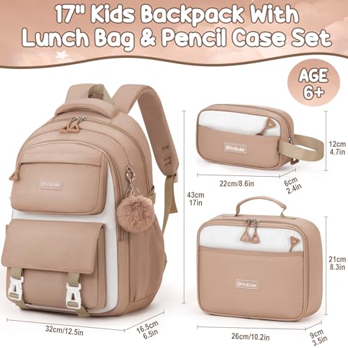 Fimibuke Backpacks for Girls, 3 PCS Waterproof School Backpack with Lunch Box & Pencil Pouch for Kids Teen Girl, Cute Bookbag School Bag for Elementary Middle High School Student Ages 6+(Khaki) - color: Khaki