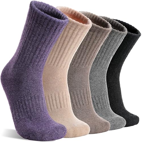 MOGGEI 5 Pairs Womens Merino Wool Socks Hiking Warm Winter Thick Thermal Crew Cozy Cabin Ladies Gift Comfy Boot Work Socks - color: Black/Grey/Light Violet/Light Coffee/White