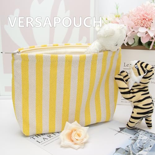 PAZIMIIK Makeup Bag Large Cotton Zipper Pouch for Purse Travel Canvas Make Up Organizer for Women Cosmetic,Stripe Yellow - color: Stripe Yellow