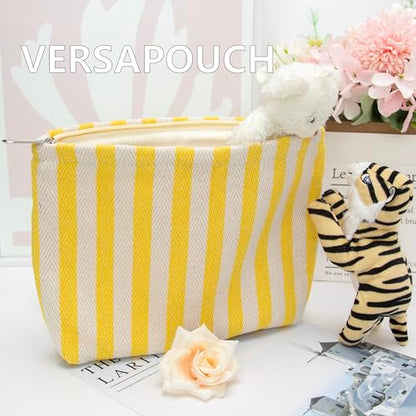 PAZIMIIK Makeup Bag Large Cotton Zipper Pouch for Purse Travel Canvas Make Up Organizer for Women Cosmetic,Stripe Yellow - color: Stripe Yellow