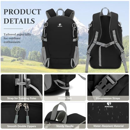 Hiking Backpack for Men Women, 25L Lightweight Travel Backpack Camping Daypack for Outdoors - color: Black