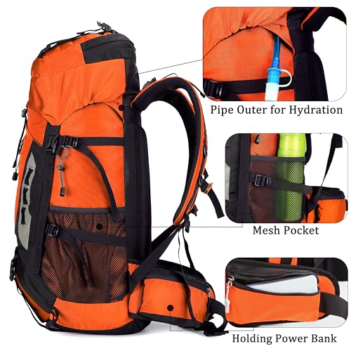 YFREAL 60L Travel Hiking Camping Backpack with Rain Cover,Backpack Water Resistant,Climbing Backpack for Men Women (ORANGE) - color: Orange
