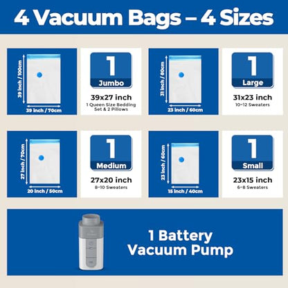 ETENWOLF Vacuum Storage Bags for Travel with Rechargeable Wireless Pump, Vacuum Seal Bags for Clothes and Travel, Space Saver Bags in Carry-On Sizes, Perfect for Luggage and Suitcases, 4 Combo - size: 4 Combo Size-E