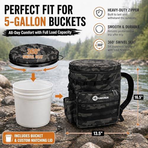 FUNHORUN Fishing Bucket Organizer with 5 Gallon Bucket & 360° Rotating Seat Lid, Fishing Tackle Bag with Backpack Straps, Full Water-Resistant Design & Multi-Pockets (Fishing Tools Not Included) - style: Complete Set (Including Bucket & 360° Rotating Seat