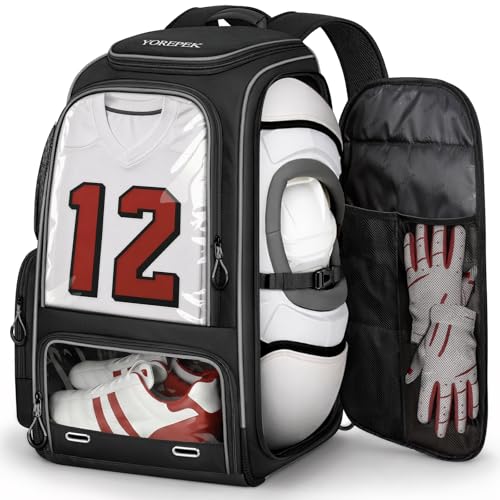 YOREPEK Football Bag Backpack, Extra Large Football Gear Bag with Helmet & Shoulder Pads Holder, Jersey Display Window, Ventilated Shoe Compartment, Football Equipment Bag for Boys Youth Adults
