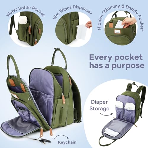 RUVALINO Diaper Bag Backpack-Expandable Baby Bag with up to 50% Capacity -Baby Essentials Bag with Changing Pad Insulated Bottle Holders & Pacifier Case, Waterproof, Army Green XL - color: Army Green