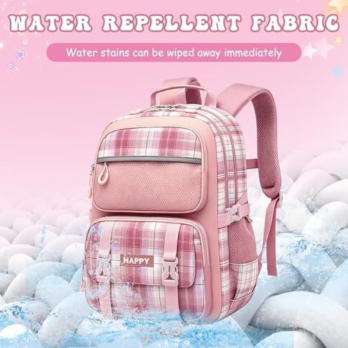 Kids Backpack for Girls,Cute Plaid Backpack,Preppy Bookbag for Elementary & Middle School Students,Large Capacity School Bag,17 Inch,Pink - color: Pink