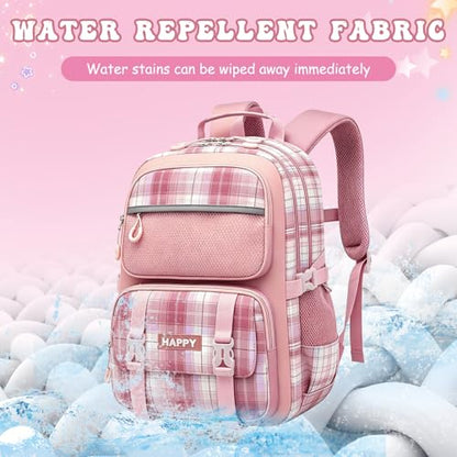 Kids Backpack for Girls,Cute Plaid Backpack,Preppy Bookbag for Elementary & Middle School Students,Large Capacity School Bag,17 Inch,Pink - color: Pink