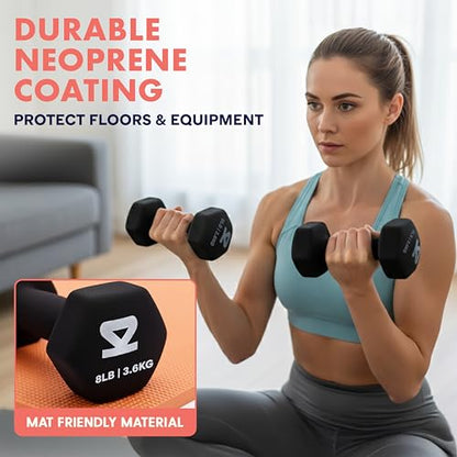 SQUATZ Dumbbell Weights Set with Stand, 32lbs Neoprene Coated Weights in Color Gray, Black, and Orange, Hex Shape Anti Slip and Roll Dumbbells for Exercise, Training, Fitness, Yoga - color: Black