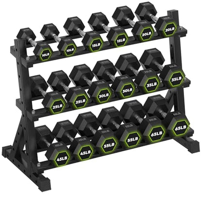 HANDBODE 3-Tier Dumbbell Rack Stand, 1000LB Capacity Storage Rack, Weight Rack for Dumbbells, Kettlebell, 390–700 lb Rubber Coated Fixed Weight Sets, Home Gym Strength Training Equipment - color: 600 lb Set (10-65 lb) *2 & Rack