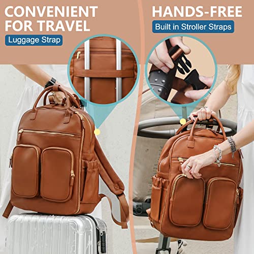 MOMINSIDE Diaper Bag Backpack, Leather Baby Bag with 18 Pockets, Diaper Backpack for Women Mom, Travel Baby Bag for Girl Boy, Large Wet Pocket, 4 Insulated Pockets, Stroller Straps, Brown - color: Brown