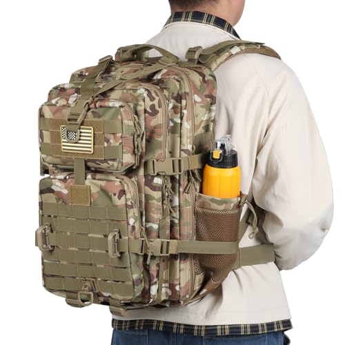 Hannibal Tactical 45L MOLLE Assault Pack, Tactical Backpack Army Military Camping Rucksack with Bottle Holder, 3-Day Pack Travel Trip w/USA Flag Patch, D-Rings, CP Camo - color: Cp, size: 45L