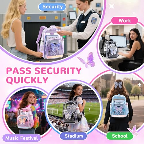 MUSEVOS Clear Backpack for School, Clear Bookbag for Girls PVC Heavy Duty Transparent Backpack,Pink Butterfly - color: Pink