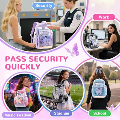 MUSEVOS Clear Backpack for School, Clear Bookbag for Girls PVC Heavy Duty Transparent Backpack,Pink Butterfly - color: Pink