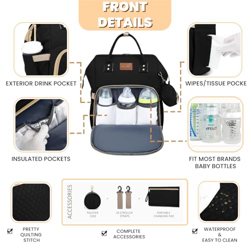 ROSEGIN Diaper Bag Backpack with Changing Pad Pacifier Case, Baby Bag for Boy Girl Toddler - Large,Stylish, Waterproof Travel Quilted Diaper Bag for Mom - Baby Shower Gifts, Black - color: Black