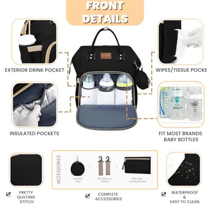 ROSEGIN Diaper Bag Backpack with Changing Pad Pacifier Case, Baby Bag for Boy Girl Toddler - Large,Stylish, Waterproof Travel Quilted Diaper Bag for Mom - Baby Shower Gifts, Black - color: Black