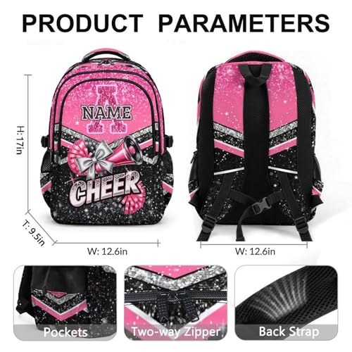 Custom Cheer Backpack with Initial, Glitter Cheerleading Backpack for Girls Cheerleader Gifts 17 Inch Bookbag for Elementary Middle School Travel - color: Pink